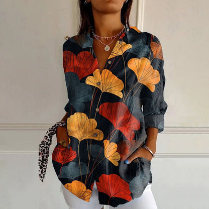 Women's Retro Red Apricot Leaf Printed Loose Shirt