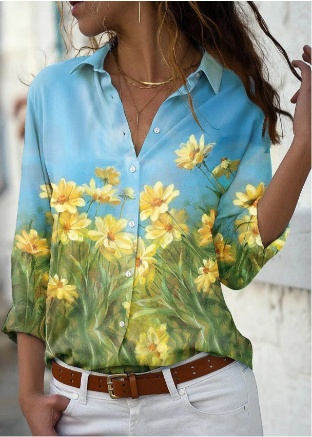 Long Sleeve Floral Collar Loose Casual Shirt - myETYN