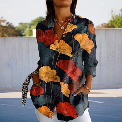 Women's Retro Red Apricot Leaf Printed Loose Shirt