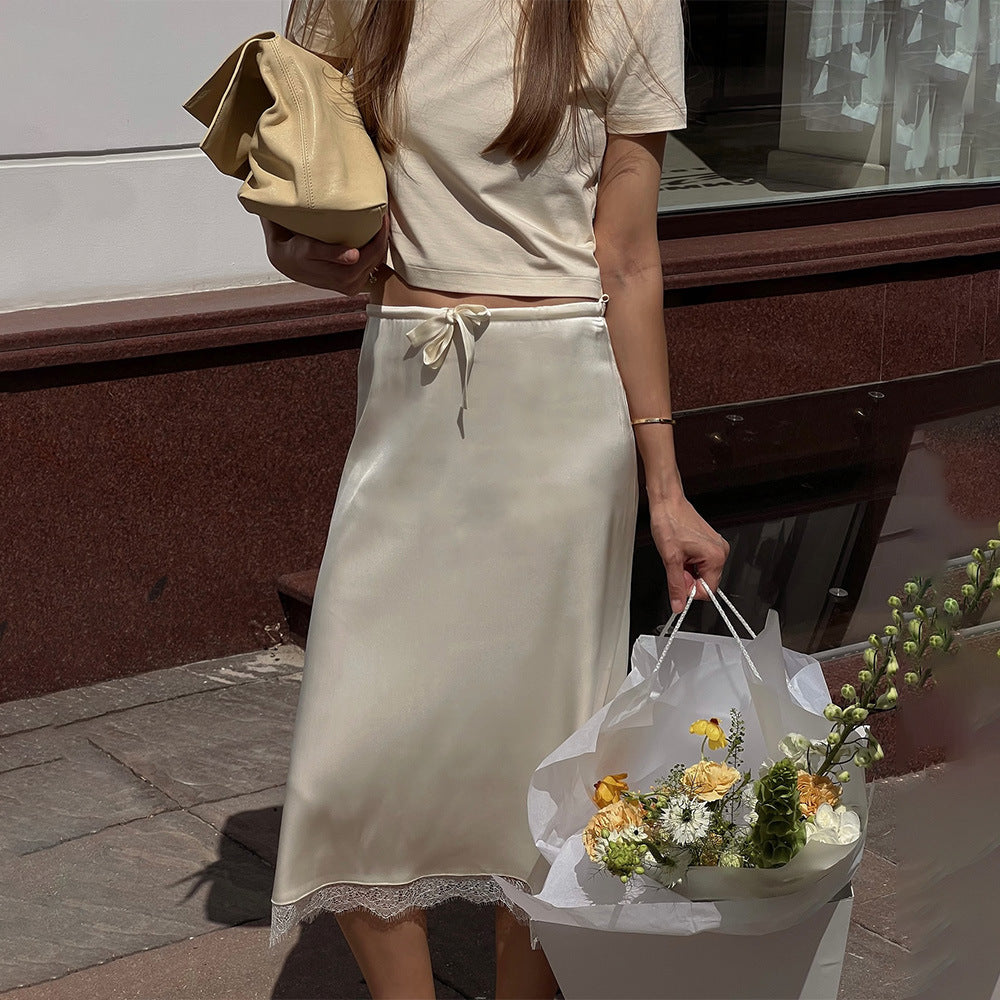 French Lace Stitching Satin Skirt Sexy Solid Color High Waist Slim Fit