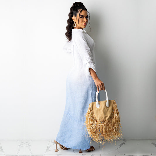 Printed French Vintage Maxi Shirt Dress for Women – Gradient Ombre Long Sleeve Elegant Boho Dress