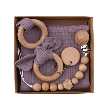 Baby Bath Toy Set Wooden Rattle Infant Babyplay Cotton Comfort Towel Baby Teether Wood Ring Baby Shower Gift