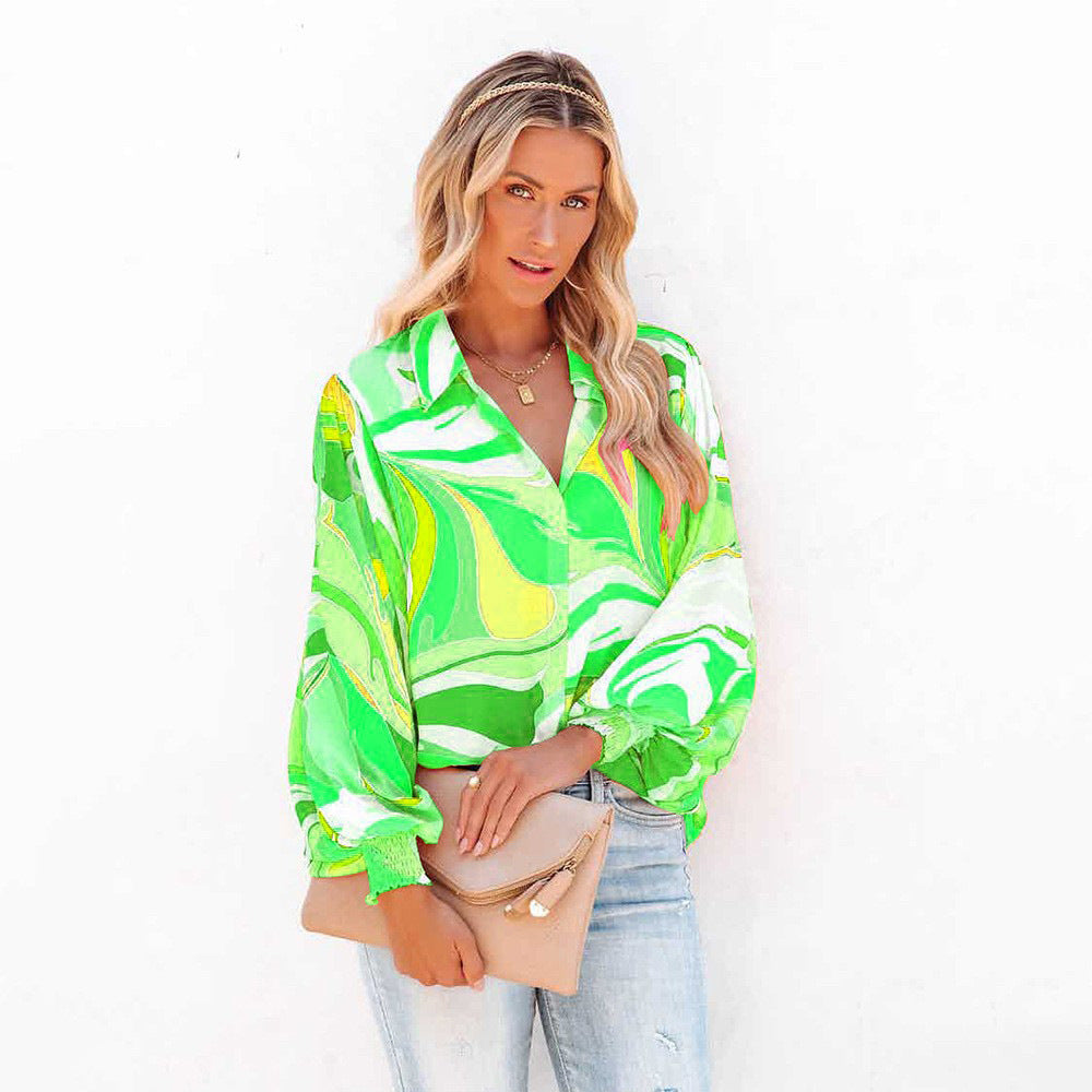 Lantern Sleeve Lapel Cardigan Casual Shirt For Women