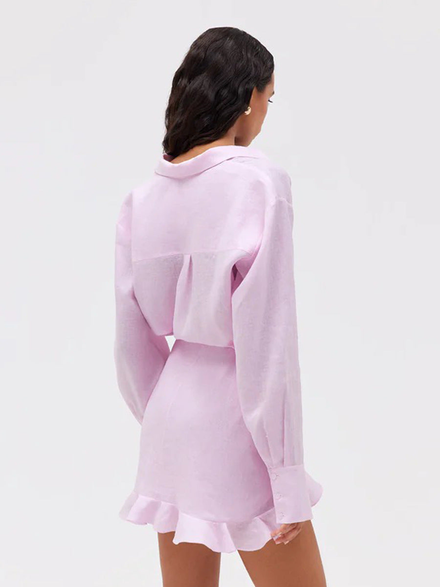Women’s Cotton Shirt Dress – Elegant Tie Waist Summer Vacation Mini Dress