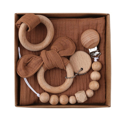 Baby Bath Toy Set Wooden Rattle Infant Babyplay Cotton Comfort Towel Baby Teether Wood Ring Baby Shower Gift