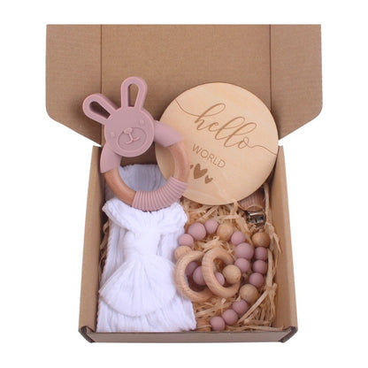 Baby Bath Toy Set Wooden Rattle Infant Babyplay Cotton Comfort Towel Baby Teether Wood Ring Baby Shower Gift