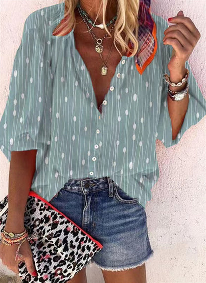 Women's Fashion Stand Collar Loose Button Vintage Printed Casual Shirt - myETYN