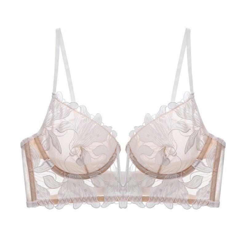 bralette Embroidery Sexy Bra Women Deep V Plunge Plunge Steel Ring Push up Accessary Breast Push up Ultra-Thin Yarn Bra Fleur - myETYN
