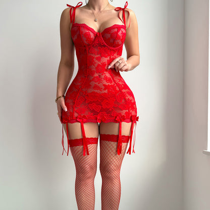 Halter Love Heart Floral Embroidery Hollow Out Cutout Sexy Hip Dress