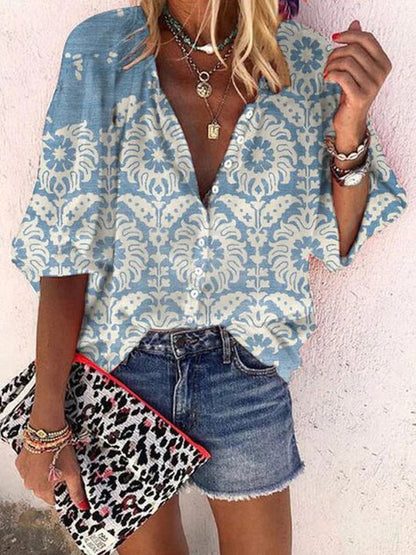 Women's Fashion Stand Collar Loose Button Vintage Printed Casual Shirt - myETYN