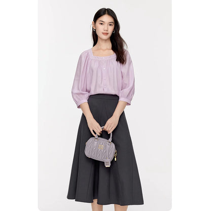 Loose All-match Square Collar Retro Pleating Shirt For Women