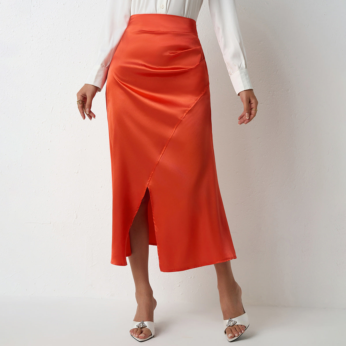 Women Clothing High Waist Slit Satin Long Skirt Pleated Skirt Zipper Fishtail Hip Skirt
