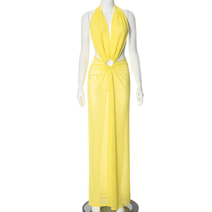 Temperament Pure Color V-neck Halter Backless Pleated High Waist Length Dress
