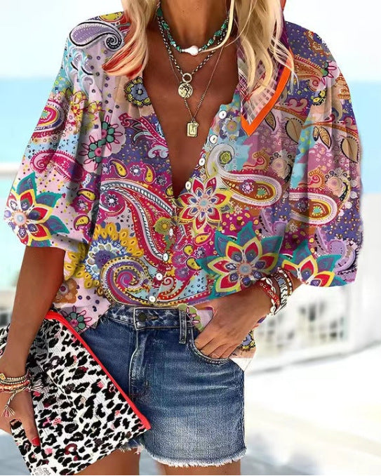 Women's Fashion Stand Collar Loose Button Vintage Printed Casual Shirt - myETYN