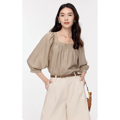 Loose All-match Square Collar Retro Pleating Shirt For Women