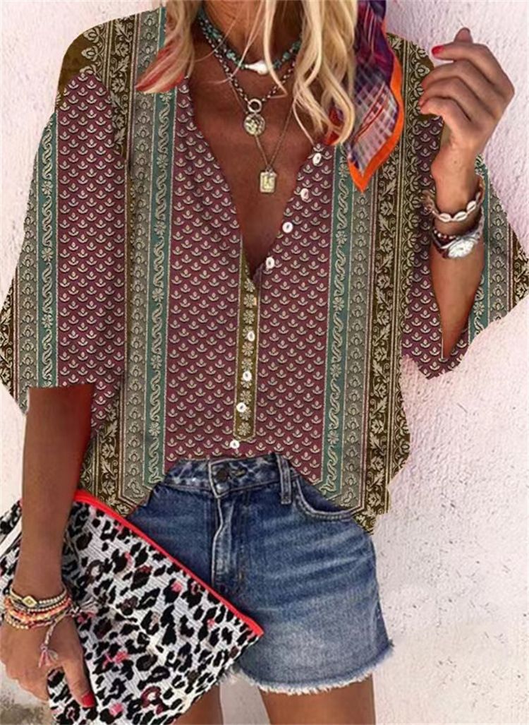 Women's Fashion Stand Collar Loose Button Vintage Printed Casual Shirt - myETYN