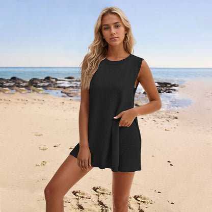 Women's 2-Piece Knit Summer Set: Loose Round Neck Vest Top and Shorts