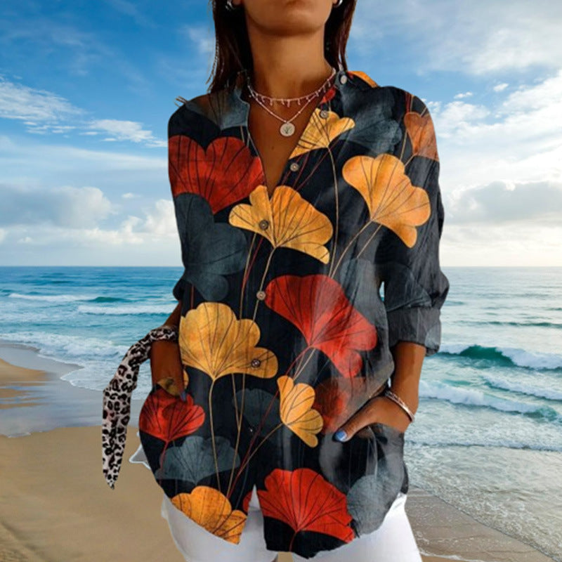 Women's Retro Red Apricot Leaf Printed Loose Shirt