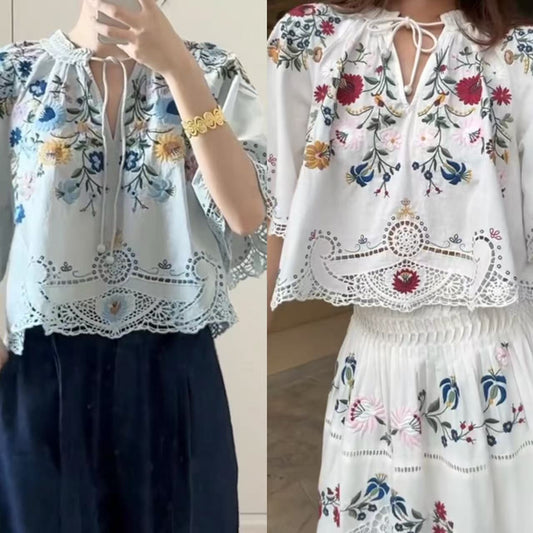 Embroidered Floral Hollow Out Tied Loose Round Neck Puff Sleeve Top