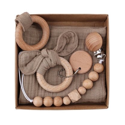 Baby Bath Toy Set Wooden Rattle Infant Babyplay Cotton Comfort Towel Baby Teether Wood Ring Baby Shower Gift