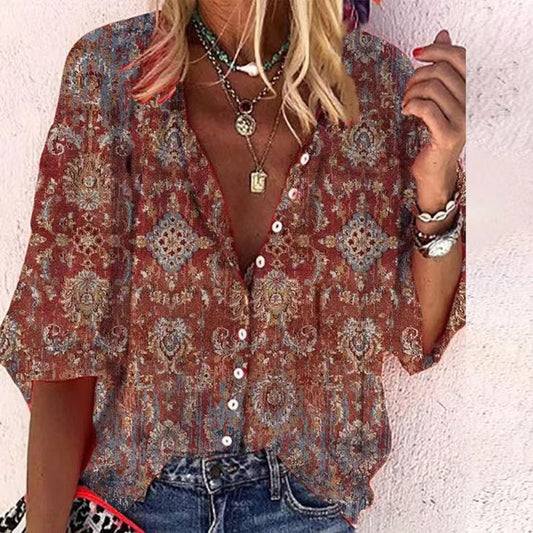 Women's Fashion Stand Collar Loose Button Vintage Printed Casual Shirt - myETYN