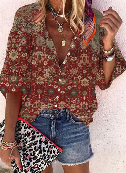 Women's Fashion Stand Collar Loose Button Vintage Printed Casual Shirt - myETYN