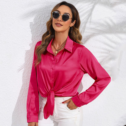 Women's Solid Color Satin Satin Long Sleeve Blouse