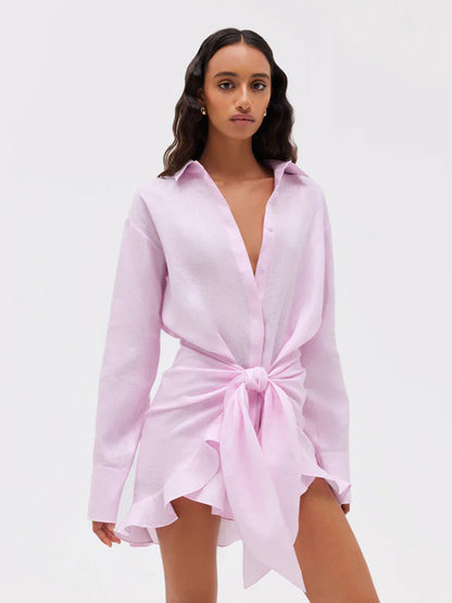 Women’s Cotton Shirt Dress – Elegant Tie Waist Summer Vacation Mini Dress