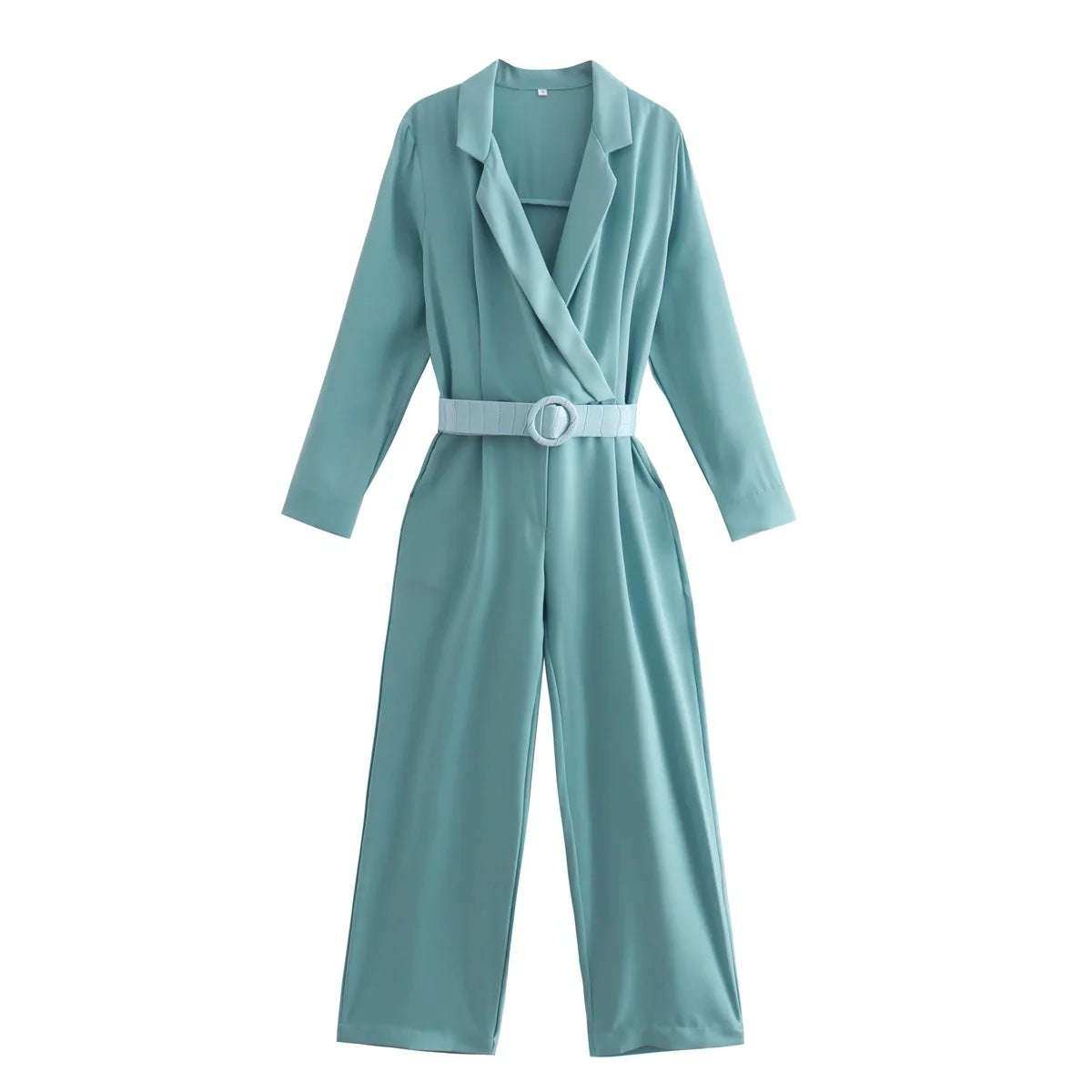 Belt Collared Loose Women Amoi Straight Leg Jumpsuit