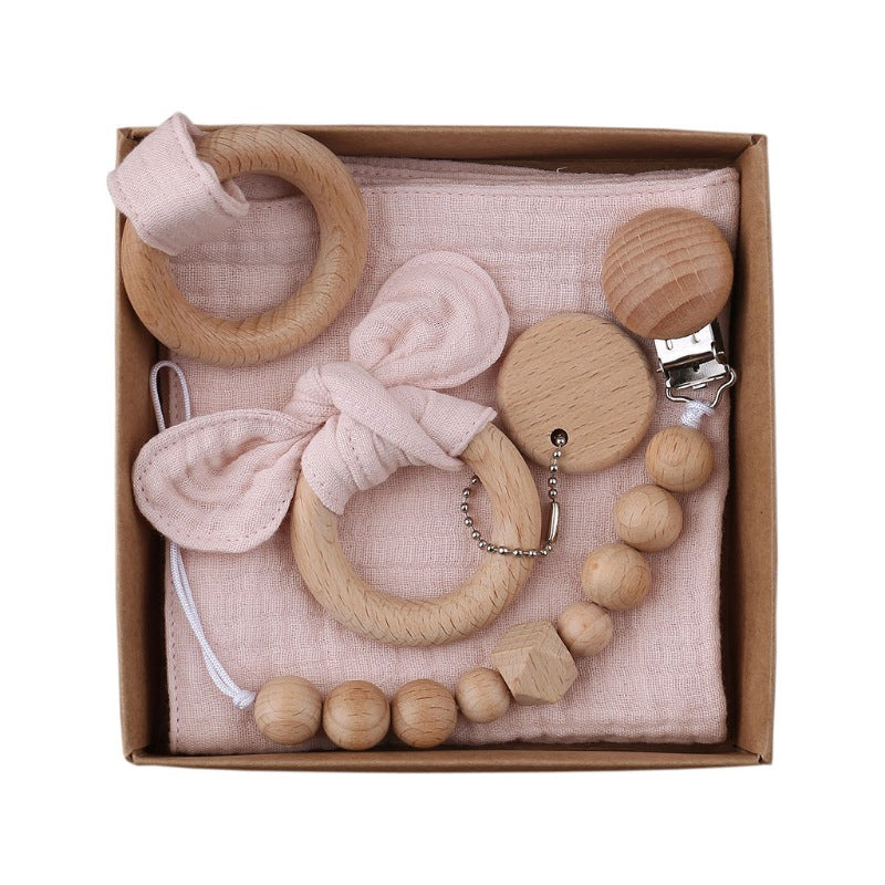 Baby Bath Toy Set Wooden Rattle Infant Babyplay Cotton Comfort Towel Baby Teether Wood Ring Baby Shower Gift