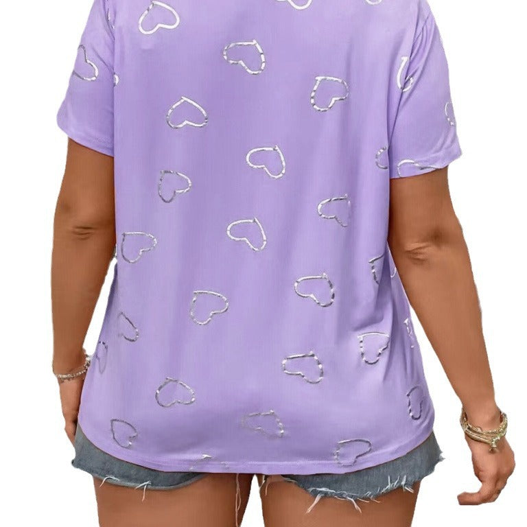 European And American Round Neck Button Heart Printing Short Sleeve