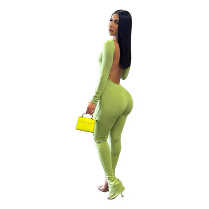 Women Clothing Sexy Finger Stall Clothes Solid Color Backless Slit Small Horn Jumpsuit