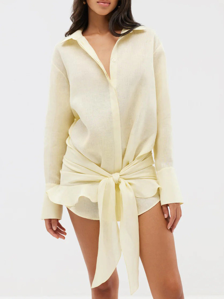 Women’s Cotton Shirt Dress – Elegant Tie Waist Summer Vacation Mini Dress