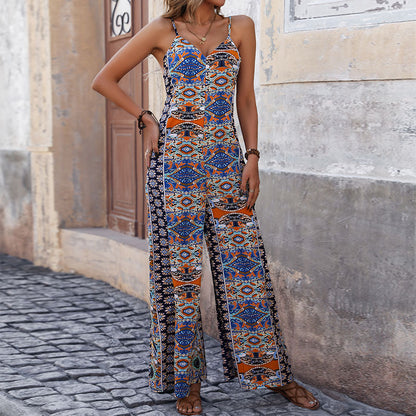 Summer Backless Print Women Strap Wide Leg Ethnic Jumpsuit