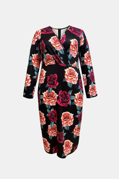 Plus Size Floral Print Surplice Neck Long Sleeve Dress myETYN