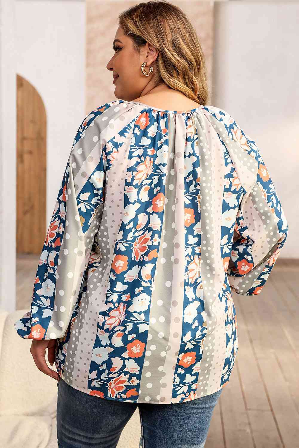 Plus Size Floral Tie Neck Blouse myETYN