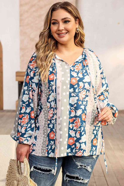 Plus Size Floral Tie Neck Blouse myETYN