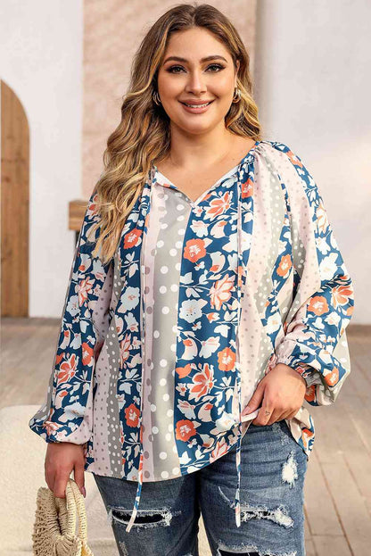 Plus Size Floral Tie Neck Blouse myETYN