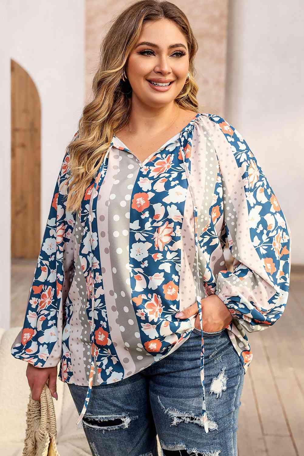 Plus Size Floral Tie Neck Blouse myETYN