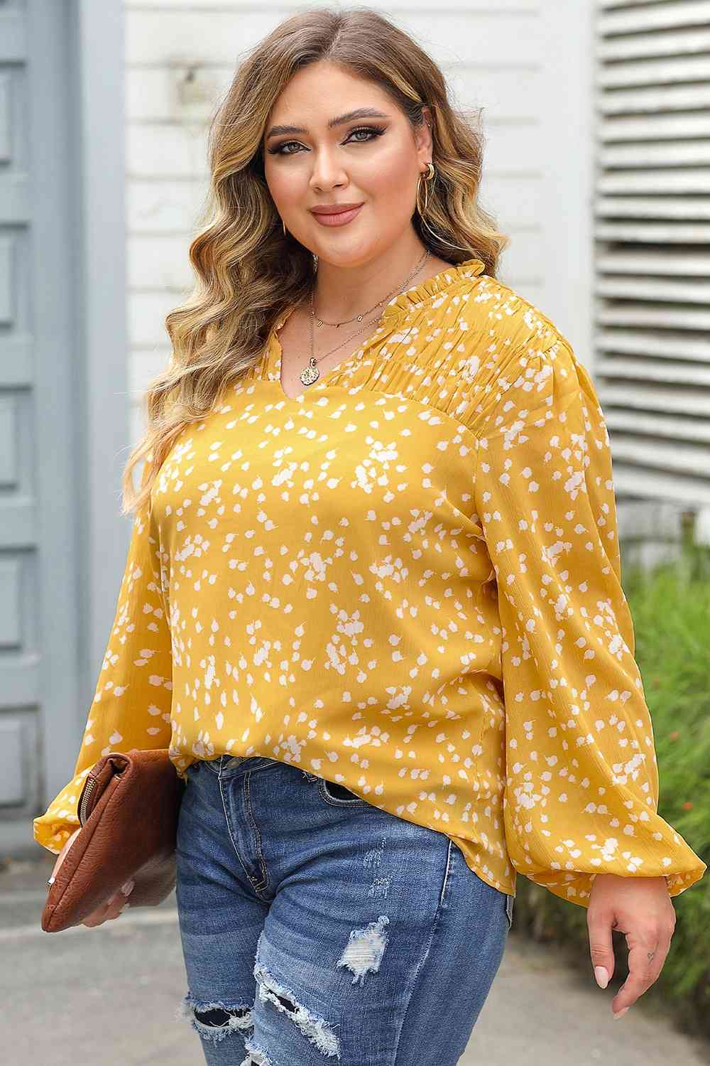 Plus Size Notched Neck Smocked Blouse myETYN