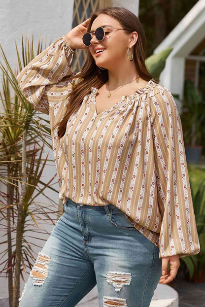 Plus Size Striped Notched Neck Blouse myETYN