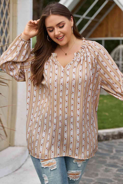 Plus Size Striped Notched Neck Blouse myETYN