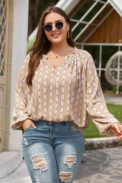 Plus Size Striped Notched Neck Blouse myETYN