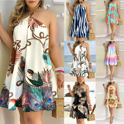 Printed Dress Summer Off-Shoulder Hanging Neck Sleeveless Sexy Dresses Women myETYN