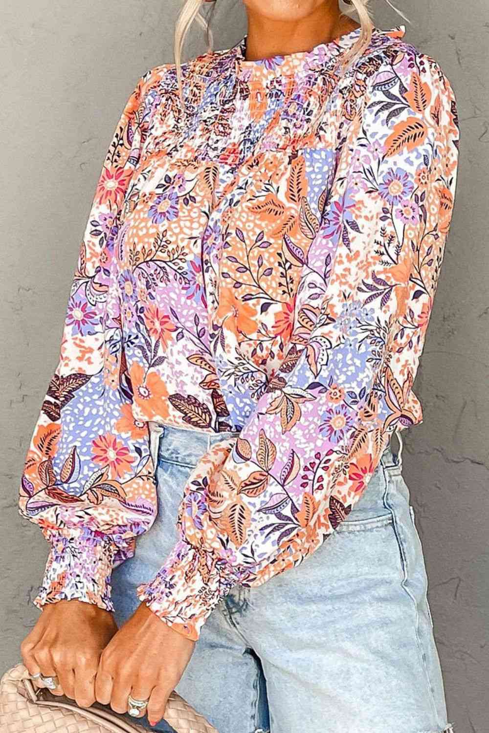 Printed Long Sleeve Round Neck Blouse myETYN