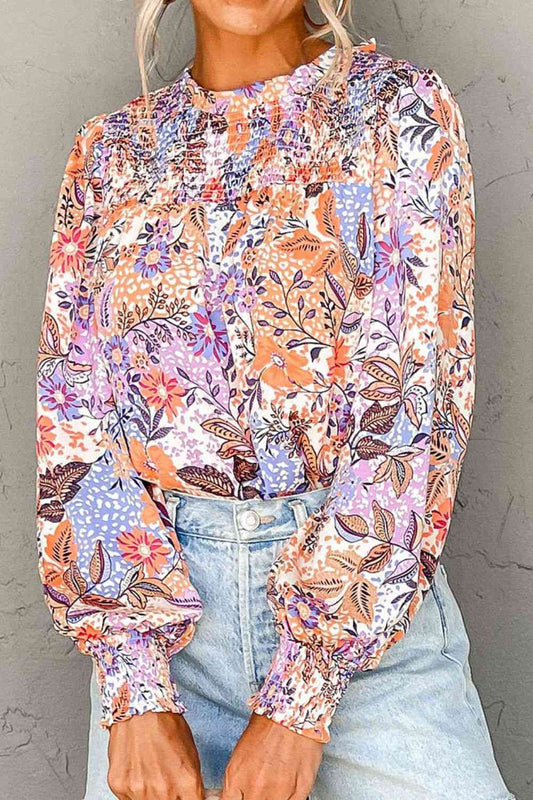 Printed Long Sleeve Round Neck Blouse myETYN