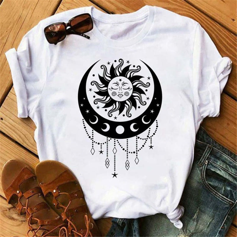 Printed Round Neck Loose White Women Short Sleeves myETYN