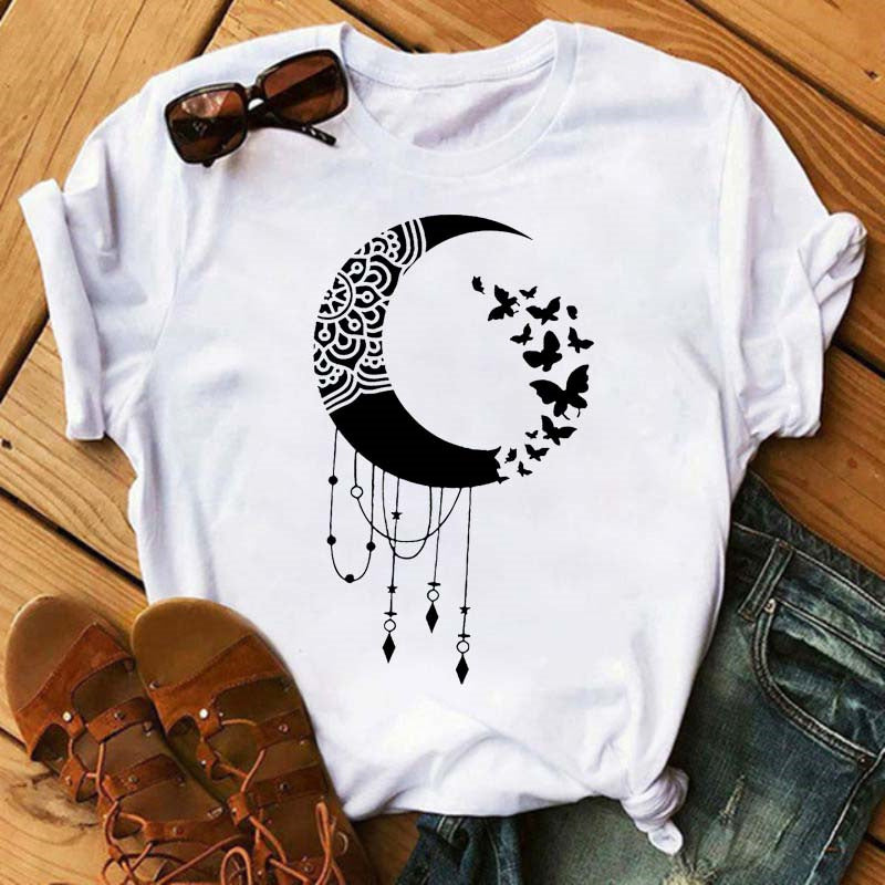 Printed Round Neck Loose White Women Short Sleeves myETYN