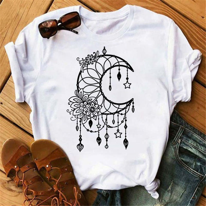 Printed Round Neck Loose White Women Short Sleeves myETYN