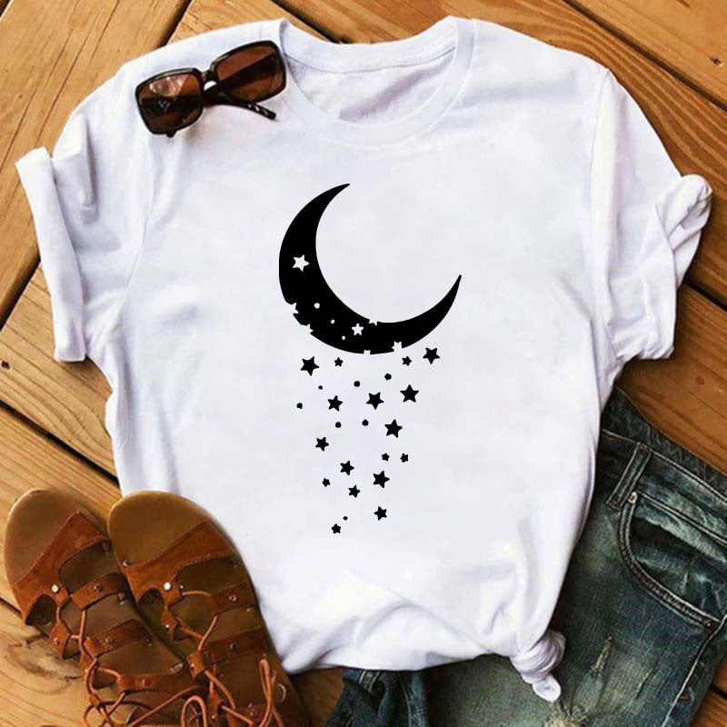 Printed Round Neck Loose White Women Short Sleeves myETYN